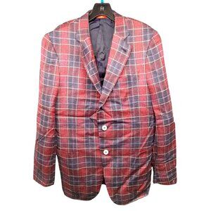 Isaia Napoli Mens 50 7R Red & Navy Plaid Wool Satin Blazer Jacket NEW WITH TAGS!